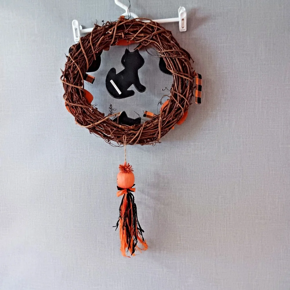 VTG Halloween Rustic Folk Art Wreath Black Cats Pumpkins Jack O Lantern Orange